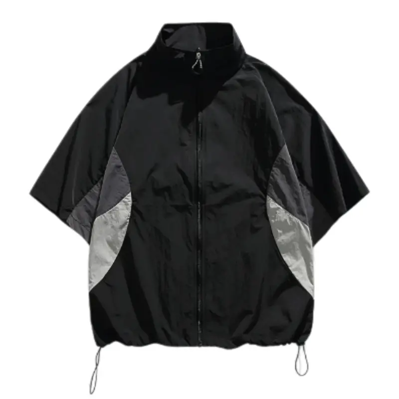Menswear Stylish Short-Sleeve Lightweight Jacket - Color-Block Panels, Stand Collar, Half-Zip, Loose Fit, Quick-Drying, Breathable, Sporty Casual, Sun Protection, Versatile Cardigan Top