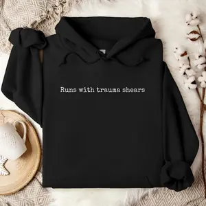 [Made in USA] Runs With Trauma Shears Hoodie, Funny Paramedic Graphic Pullover Hoodie, Minimalist EMS Hooded Sweatshirt, Medical Humor Oversized Hoodie, Trendy First Responder Outfit, Gift For Paramedic Women Men.