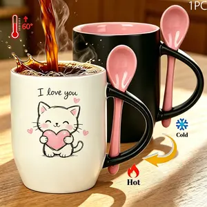 I Love You - Color Changing Coffee Mug with Pink Spoon - Cute Kitten Design Ceramic Cup, Unique Gifts For Men And Women