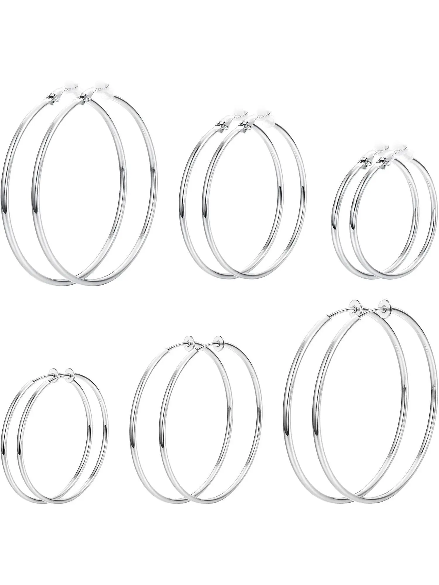6 Pairs Silvery Classic Round Clip on Hoop Earrings for Women Men Versatile Non-Piercing Fake Round Hoop Earring Set Diverse Sizes for Daily Wear Earring Stacks Earrings Jewelry Ear Hoops Non Pierced Earrings