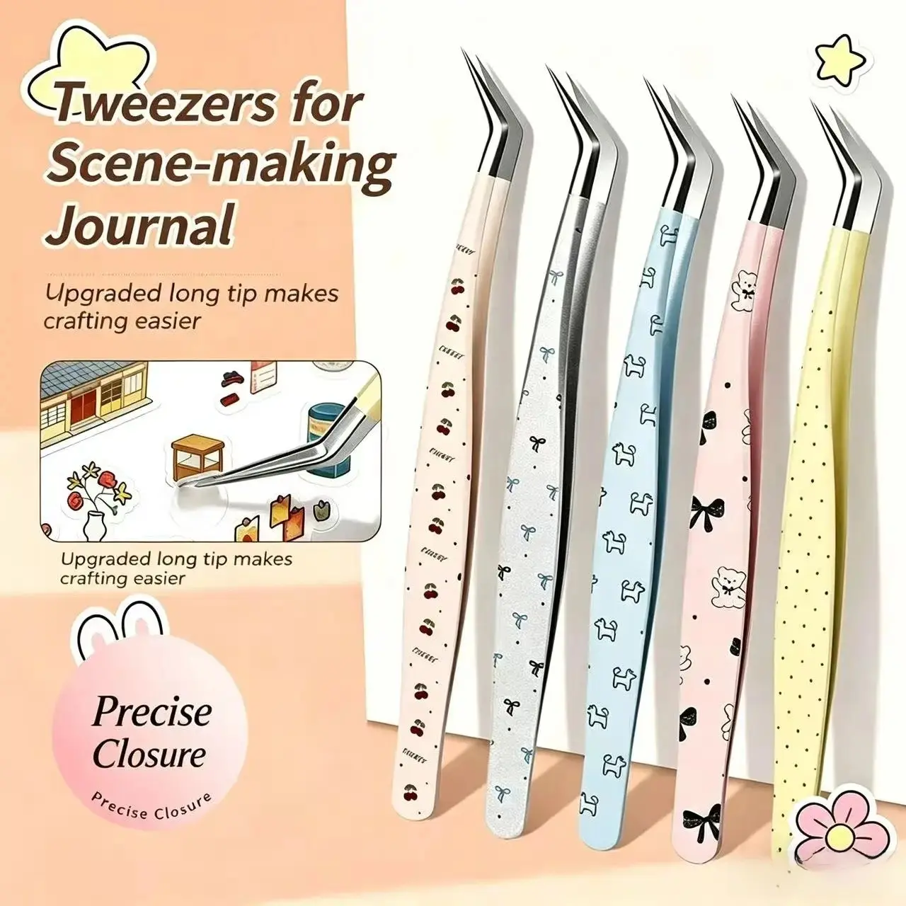 Stainless Steel Precision Tweezers ,New Scene Sticker Long Angled Precision Tweezers for Stickers Diy Crafts,Perfect for Crafts, Stickers, Nail Art, Lashes & More - Optional Carrying Case