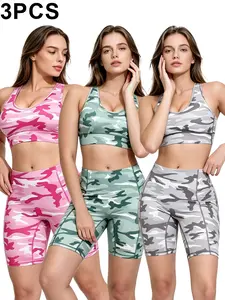 Women's 3-Pack 2-Piece Camo Yoga Activewear Sets - Scoop Neck Sports Bra, High Waist Stretch Biker Shorts, Workout Sets Women for Gym, Running