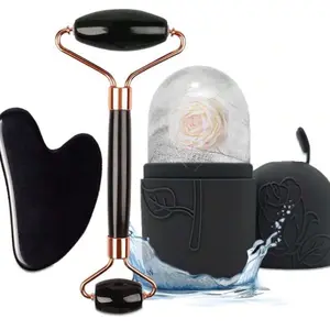 Facial Cleansing Tool Set, 3pcs/set Including Stainless Steel Heart Shaped Scraping Tool & Ice Roller & Flannel Bag, Skin Care Tools for Women, Face Lifting Roller