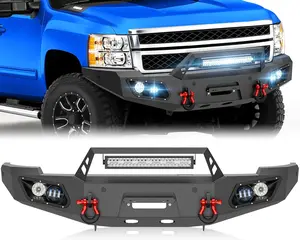 【EYOUHZ】 Front Bumper Compatible with 2011-2014 Chevy Silverado 2500 3500 HD Off-Road Pickup Truck Bumper Equipped with Winch Plate, Sensor Holes, 5 x LED Lights, License Plate Bracket & D-rings, Black