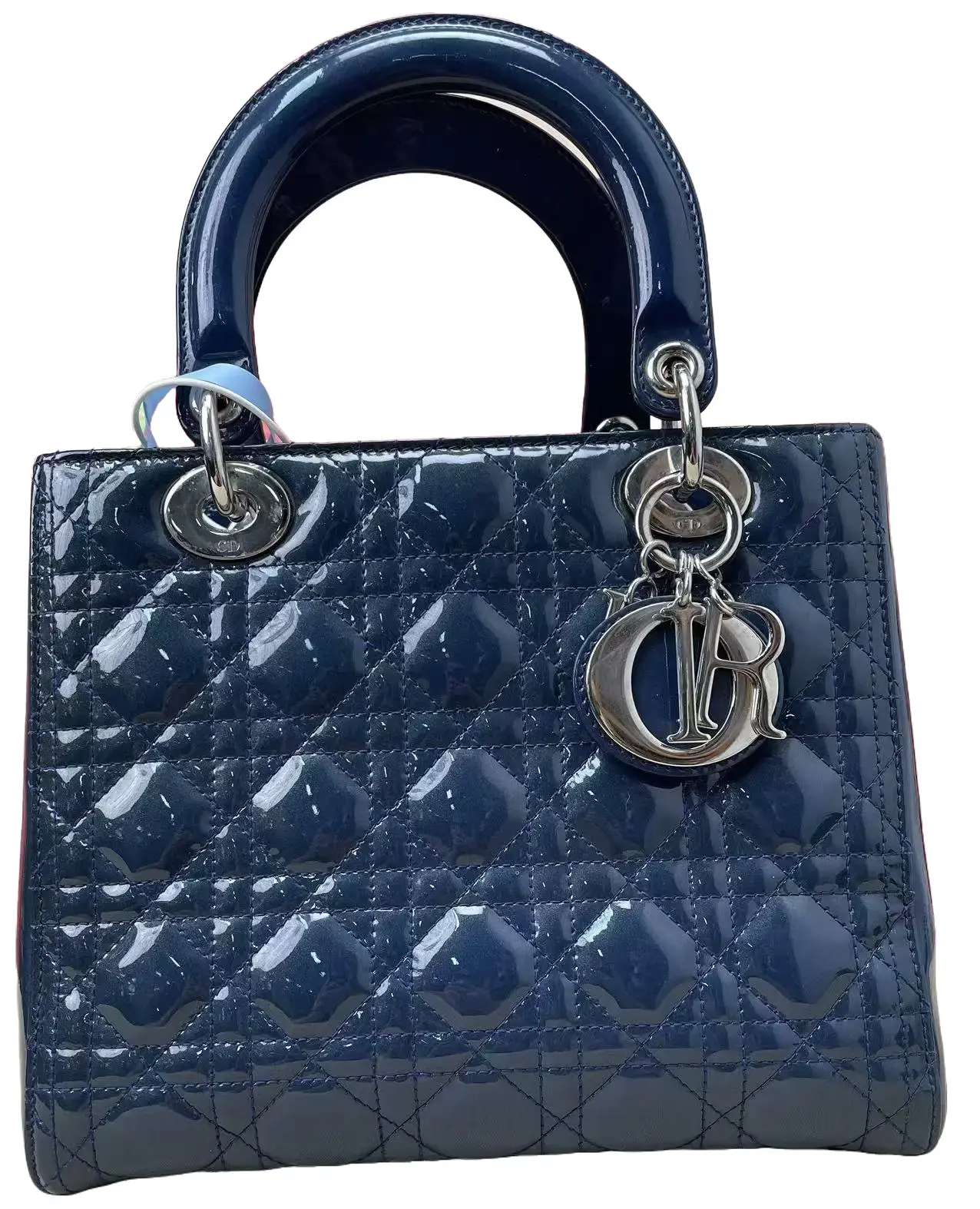 Pre-owned Dior Blue Patent Leather Silver Hardware 5 Grid Lady Handbag