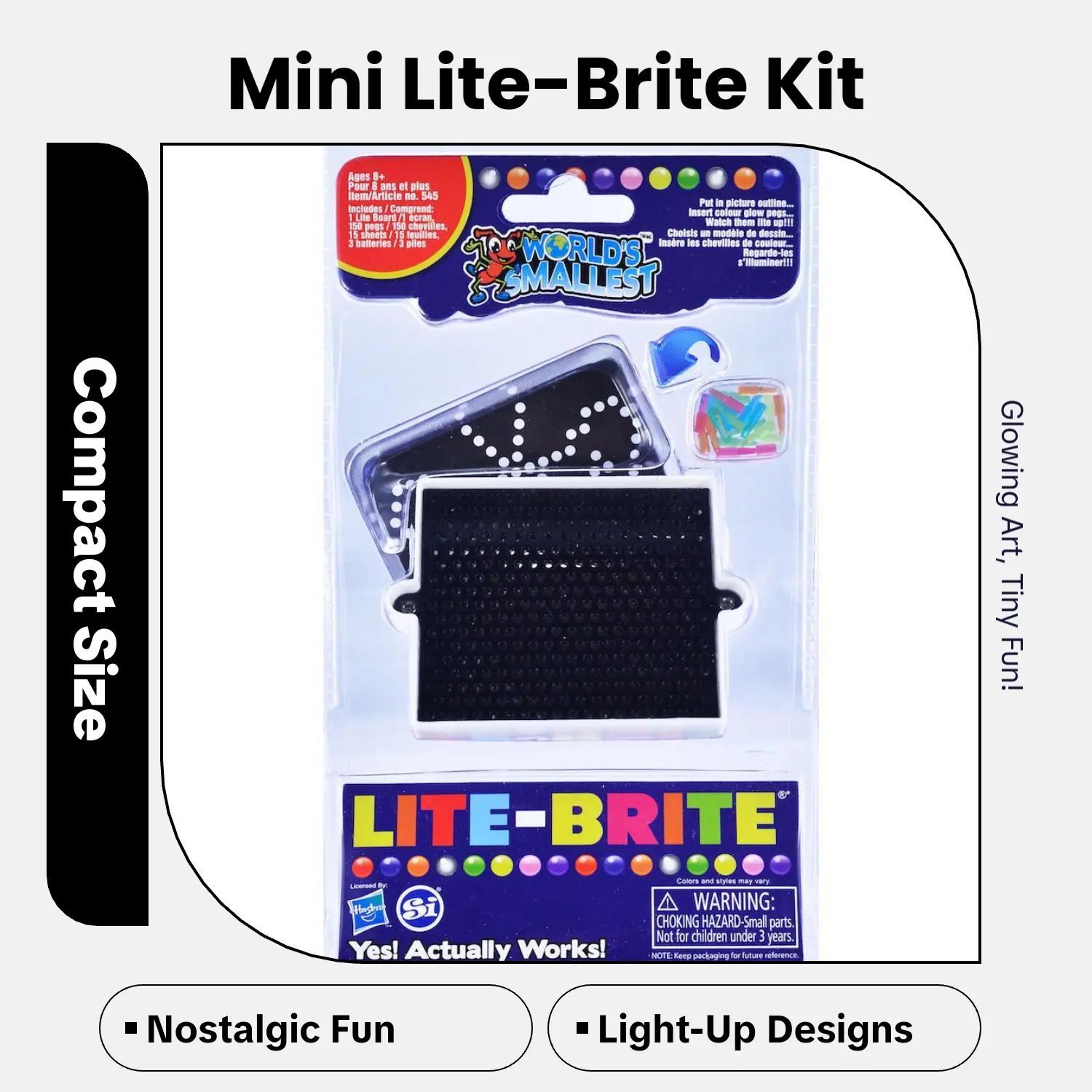 World's Smallest Lite Brite - Hasbro Licensed Mini Light Box Toy with 200 Assorted Color Pegs & 10 Design Templates for Kids Age 5+ - Square