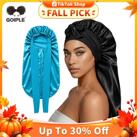 Large Satin Braid Bonnet for Women - 2 Count Silk Sleep Cap with Stretchy Tie Band for Braids Soft Haircare Heatless Elastic (Black&Blue)