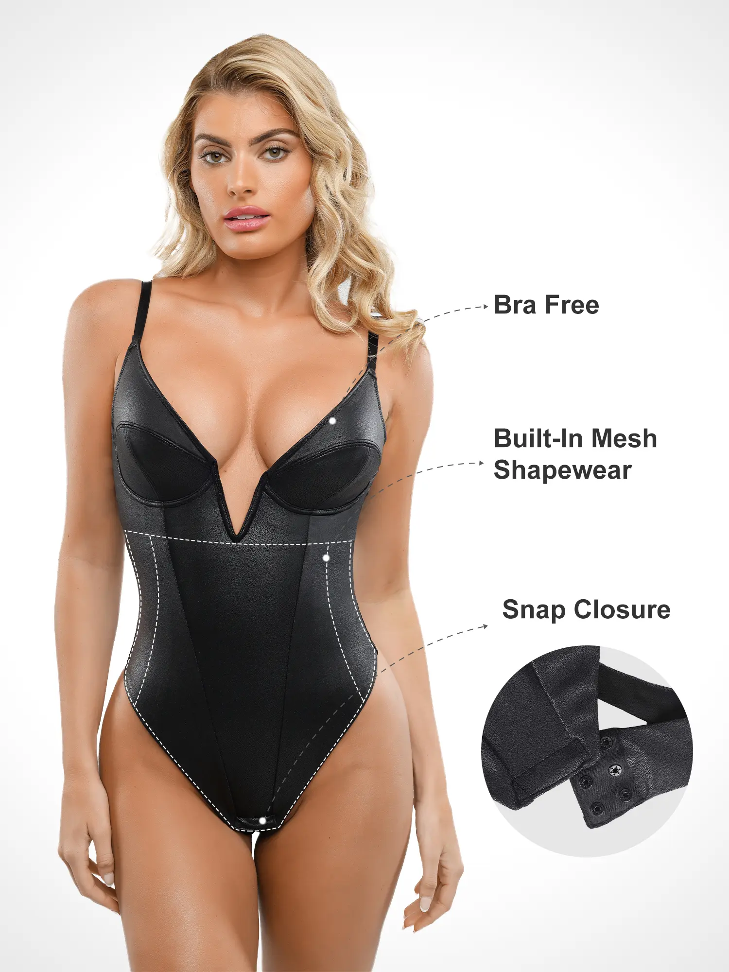 Popilush Elastic Deep V-Neck Leather Shapewear Thong Bodysuit Adjustable Soft Breathable Fabric Popilush Elastic Deep V-Neck Leather Shapewear Thong Bodysuit Adjustable Soft Breathable Fabric