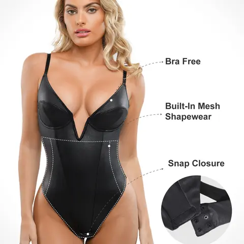 Popilush Elastic Deep V-Neck Leather Shapewear Bodysuit  Adjustable Soft Breathable Fabric