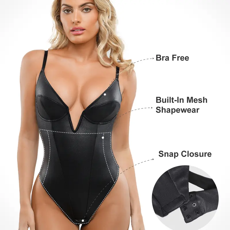 Popilush Elastic Deep V-Neck Leather Shapewear Bodysuit Adjustable Soft Breathable Fabric