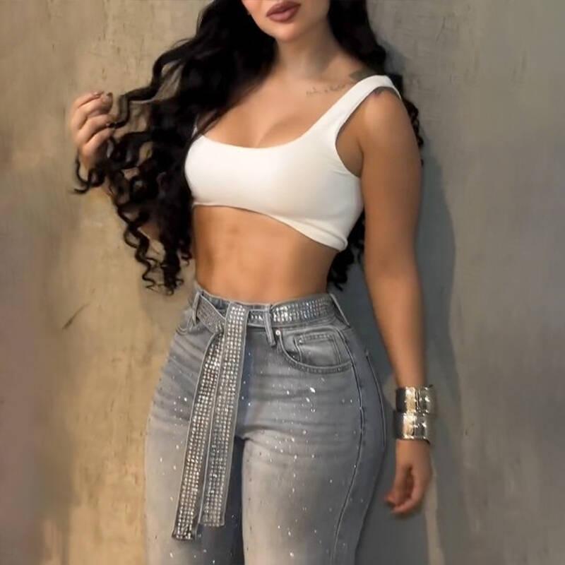 ChicMe Women's  Allover Rhinestone Decor High Waist Zipper Fly Jeans Casual Wide Leg Loose Fit Denim Pants with Rhinestone Decor Belt Blue Bottom