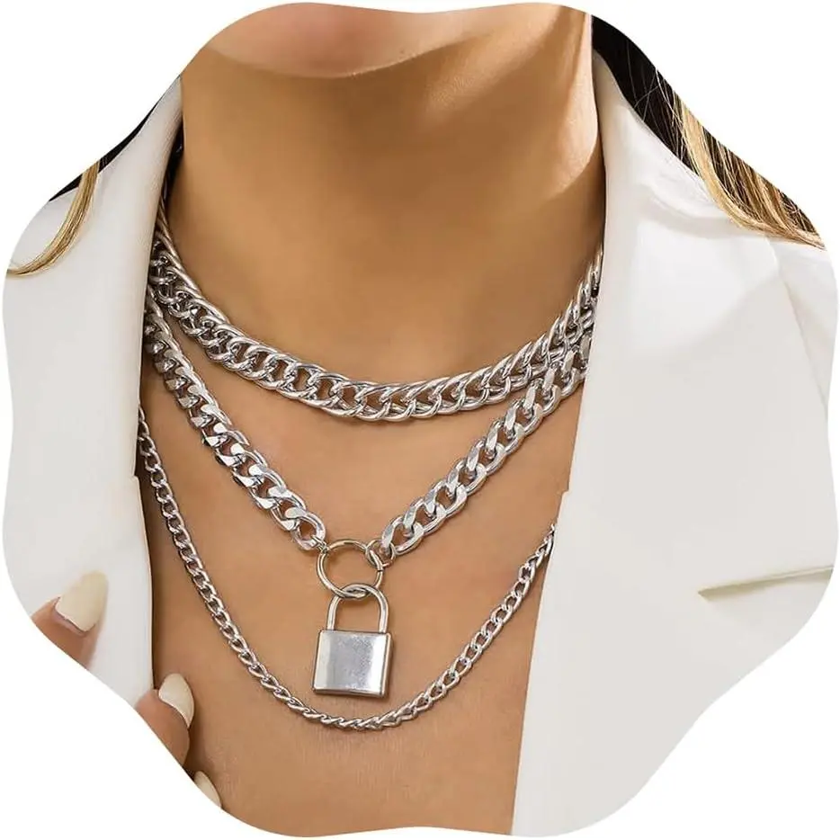 Women's Chunky Chain Punk Layered Adjustable Choker, Gold Cuban Link Chain with Lock Pendant, Shining Decorative Necklace (1.79oz/set)