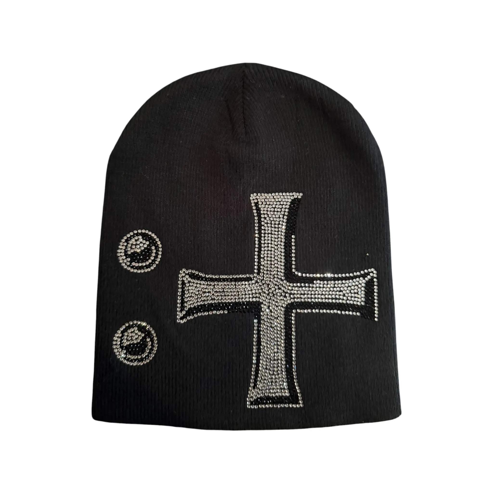 STYRO Unisex Chrome Void Beanie - Streetwear Knit Fabric Hat with Chrome Detailing, + Logo, High-Quality Rhinestone Decoration, 1 Size for Everyday Wear