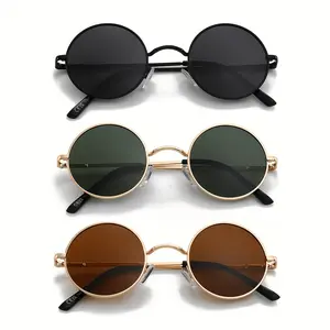 3pcs Unisex Retro Hippie Round Fashion Glasses - Metal Frame with 3-Tone Colors (Black/Dark Green/Brown), Decorative Lenses for, Driving & Casual Outings - Includes Cleaning Cloth & Case, Casual Eyewear, Durable Eyewear, Metallic Accents, Accessories, Vin