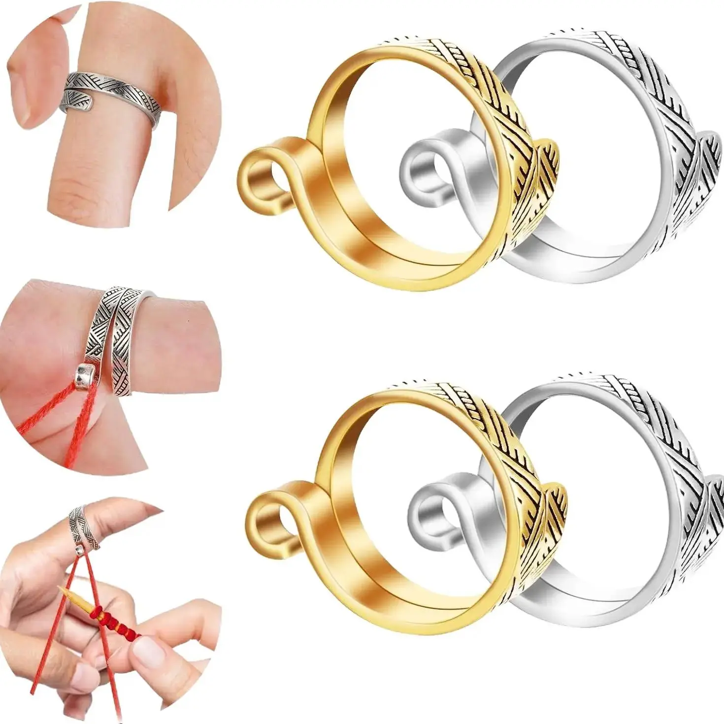 4PCS Knitting Crochet Loop Ring, Adjustable Crochet Loop Ring Hook Braided Knitting Ring Yarn Guide Finger Holder Knitting Craft Accessories Tools for Mother Grandma Presents(gold/silver-4pcs