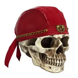 Vintage Skull Chain Cycling Bandana Doo Rags Adjustable Metal Leather Cap Red