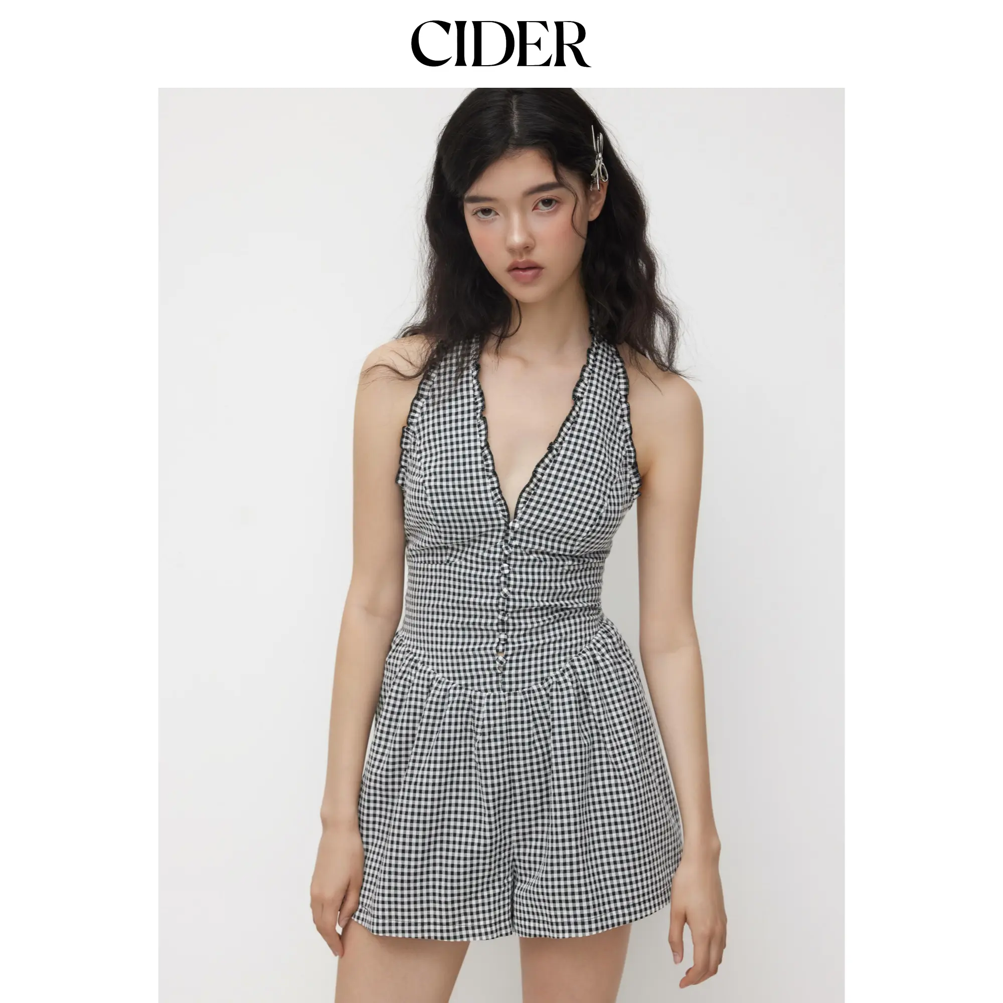 Cider Gingham Halter Neckline Shirred Lace Trim Romper, Women's V-Neck Comfortable Sleeveless Wide Leg Romper, Cute Summervibes Gingham Print Romper for Daily Wear
