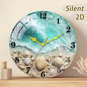 Wooden or Tempered Glass Silent Wall Clock, Beach Scene with Shells and Starfish, Battery Operated, Modern Style, Home Decor Gift