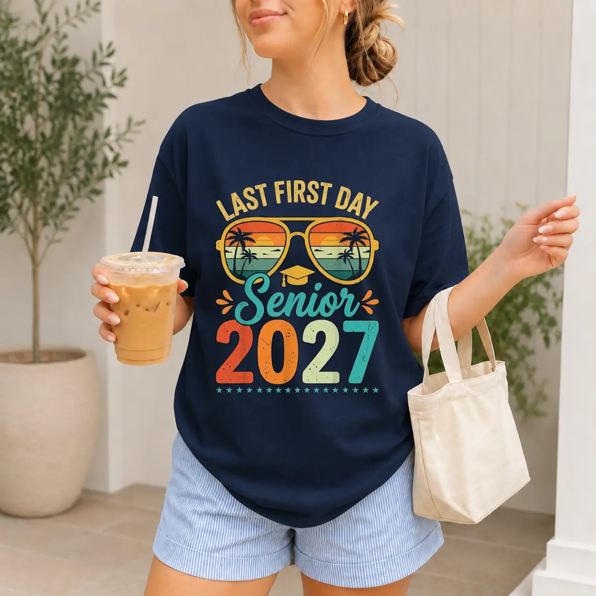 Senior 2027 Graduation T-Shirt, Last First Day Senior 2027 Graphic Tee, Retro Sunset Sunglasses Palm Tree Graduation Cap Design, Front Graphic Print Tee, Class Of 2027 Back To School Gift For Students And Seniors
