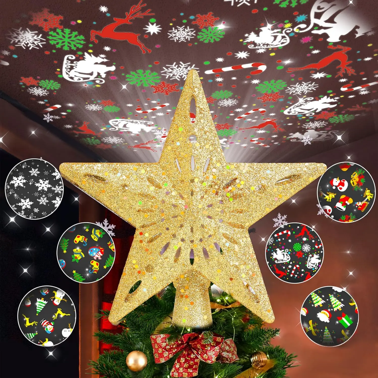 Lighted Christmas Tree Topper with 6 Pattern Projection Modes, Gold 3D Glitter Christmas Star Tree Topper Built-in LED Rotating Dynamic Projector for Christmas Decorations