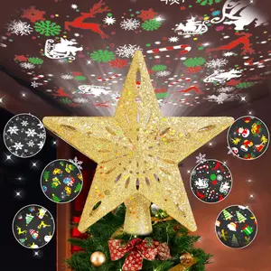Lighted Christmas Tree Topper with 6 Pattern Projection Modes, Gold 3D Glitter Christmas Star Tree Topper Built-in LED Rotating Dynamic Projector for Christmas Decorations