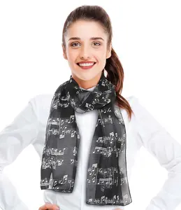 CBC Crown Small Music Notes Print Silk Feeling Music Scarf - Black