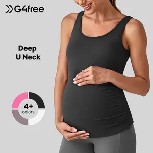 G4Free BareFeel Built in Bra Maternity Tank Tops with Removable Pads Ruched Sleeveless Stretchy Pregnancy Yoga Workout Shirts