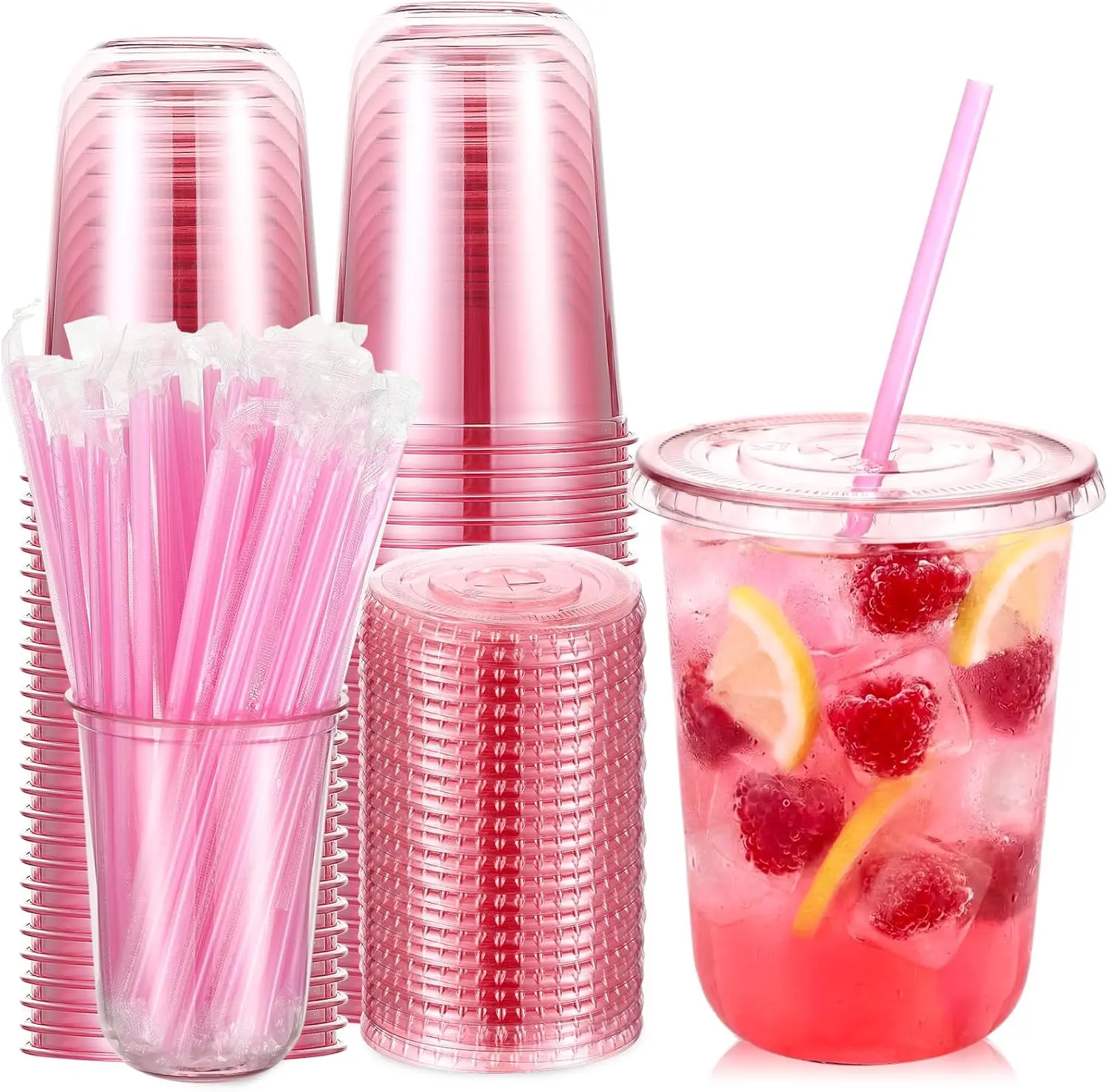 16oz Pink Disposable Clear Round Bottom Plastic Cups with Lids and Straws (50 Sets) - Cute Home & Party Supplies for Wedding, Birthday Celebrations