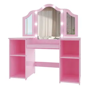 2-in-1 Princess Kids Vanity Table and Chair Set – Wooden Makeup Desk with Tri-Folding Mirror & Storage, Convertible to Writing Desk, Removable Top, High Back Chair, Toddler Pretend Play