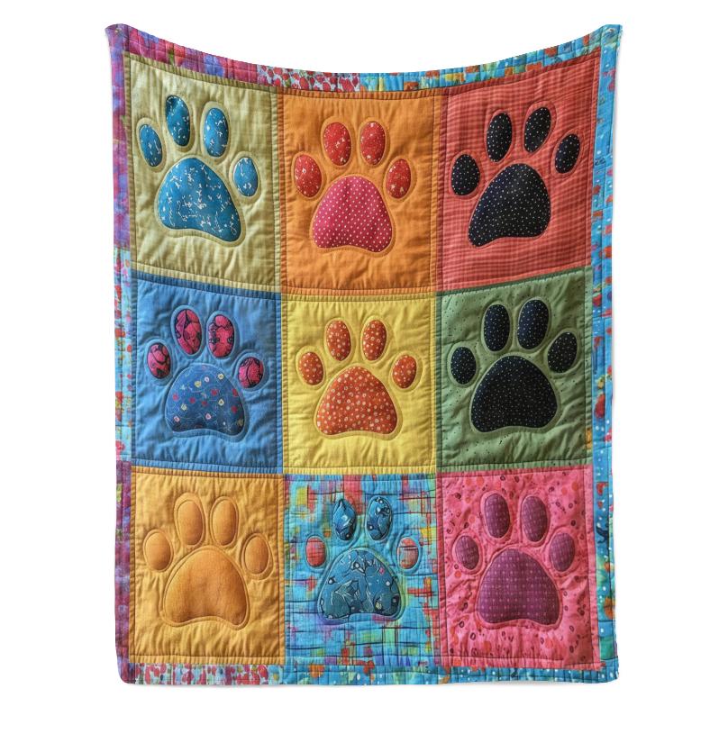 Colorful Paw Print Patchwork Quilt Blanket Pet Lover Boho Paw Print Throw Blanket
