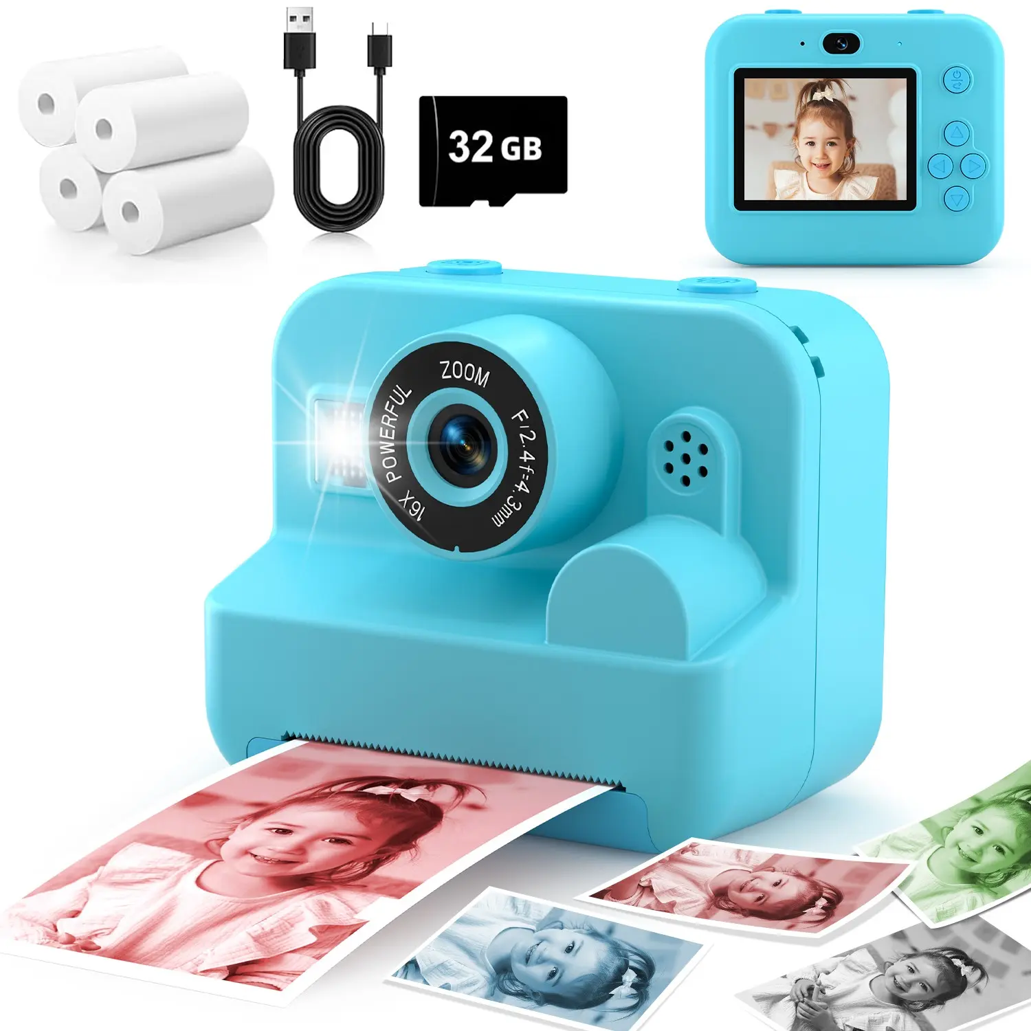 Color Instant Print Camera, 16x Digital Zoom, HD Digital Camera with SD Card, 4 Color Printing Papers, DIY Instant Printer, Instant Cameras That Print Photos, Christmas Birthday Gift