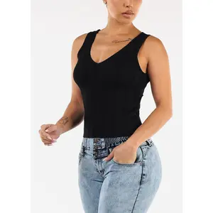 Sleeveless Vneck Knitted Stretch Top Black