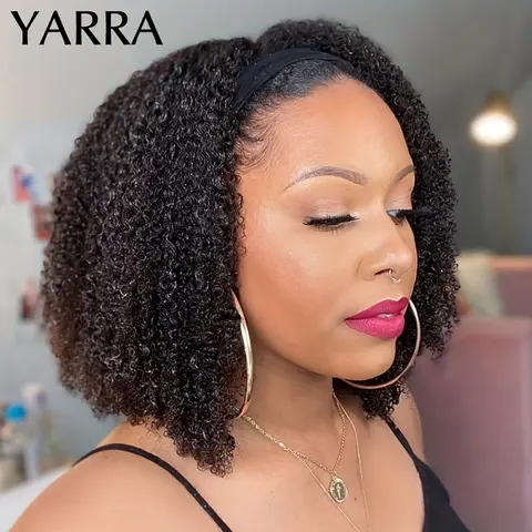Unisex Human Hair Headband Wig - 20in Kinky Curly, 180% High Density, Natural Black, Non-Lace Front, Stretchable Full Machine Humanhairwigs