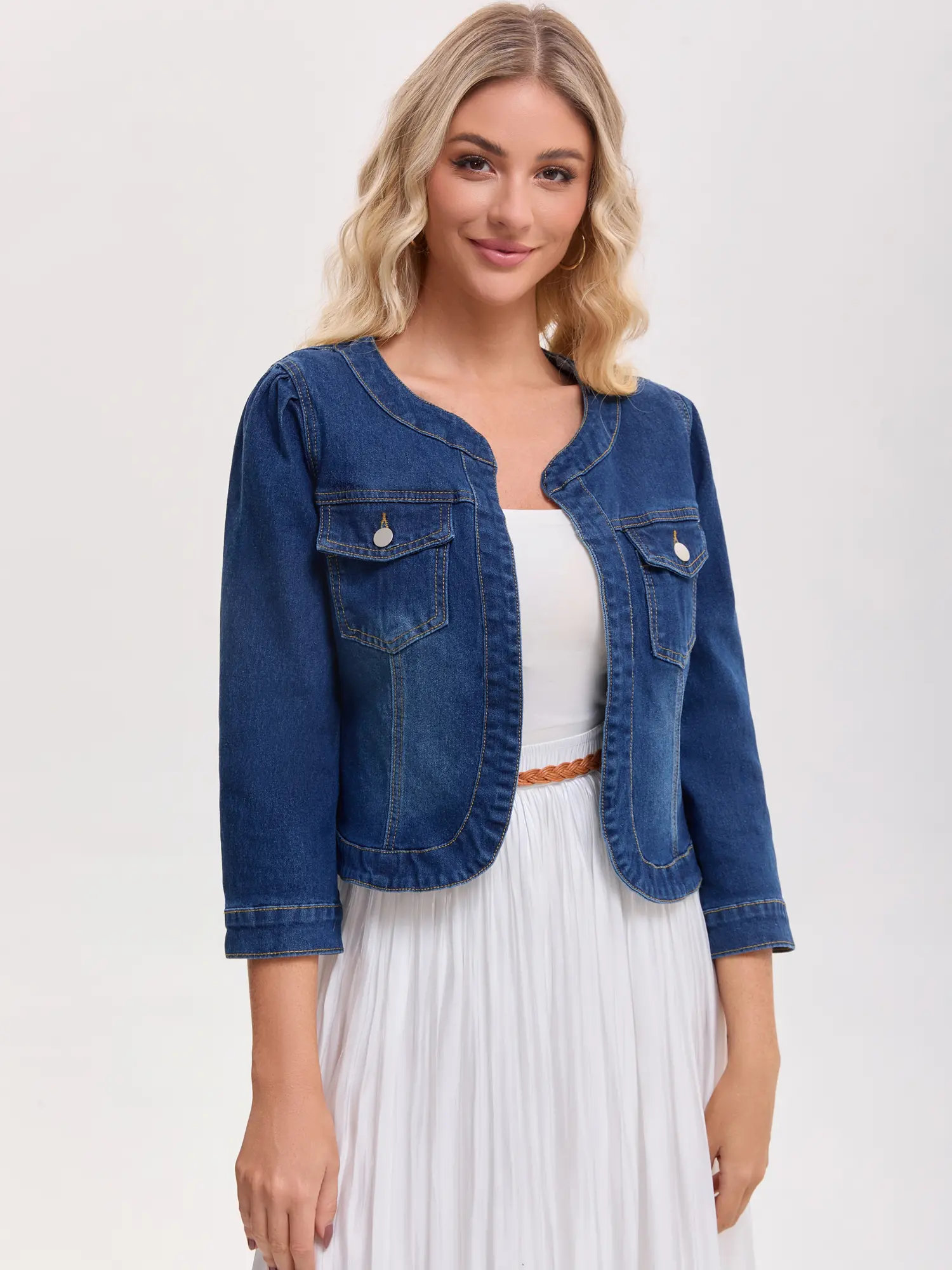 INSPIRE CHIC Women's Denim Jacket Collarless Cardigan 3/4 Sleeve Jean Jackets