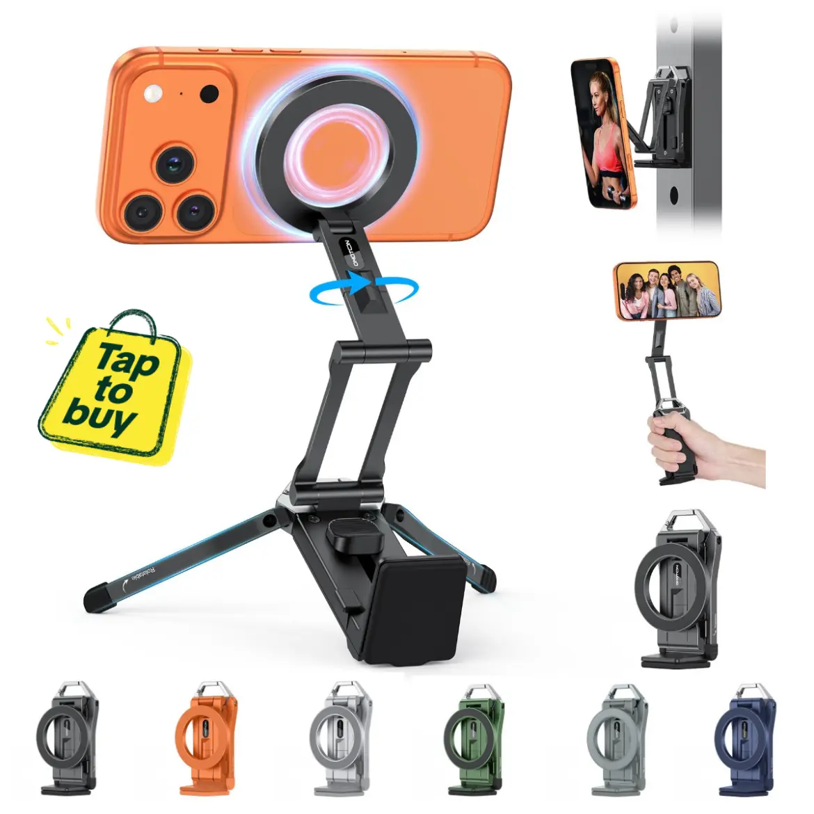 OMOTON TP02 Magnetic Aluminium Phone Mount Tripod Stand - Foldable Desk Phone Accessory with 360° Rotating Shaft, Adjustable Ring Grip, Selfie Stick Clamp, Hook for iPhone, Content Creator Tools,back to school,back to school haul