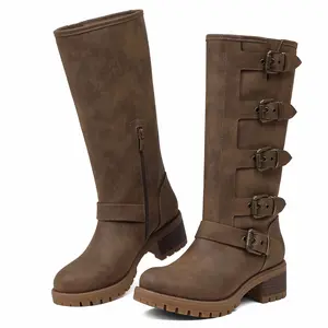 AOSPHIRAYLIAN Women's Faux Leather Buckle Strap Mid-Calf Moto Boots - Block Heel, Multi-Color Footwear with Fine Stitching, Vintage Retro Charm for Biker Themed Events (Black, Brown, Tan) Fall Shoes