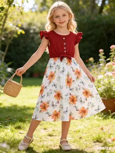 Summer Girls' Butterfly & Flower Print Dress, Bow Front Fake Button Hem, Sleeveless Round Neck, Elegant and Comfortable Fabric