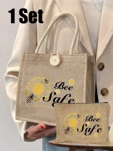 1/2pcs Women Cute Bee Print Tote Bag, With Bee Letter, Large Capacity, Casual Beach Bag, Summer Handbag And Gift For Bee Lovers, Vivid Bee Pattern, Suitable For Daily Use, Spacious And Fashionable, Perfect For Shopping Or Picnic