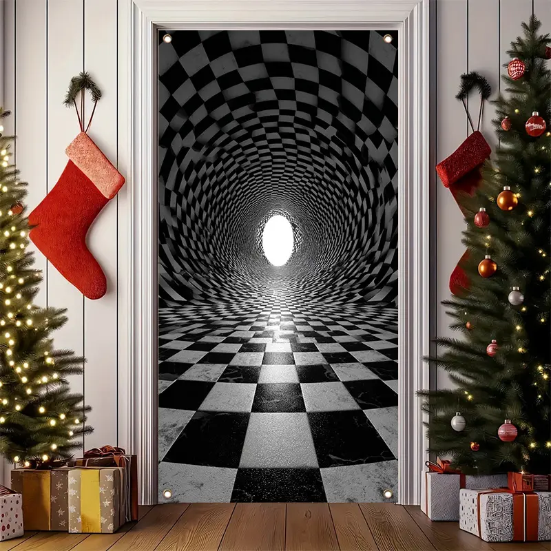 2D Flat Black & White Checkerboard Tunnel with Distorted Perspective & Distant Light Beam. Ideal for Christmas Decor in Rooms, Entrances, Indoor/Outdoor Spaces.