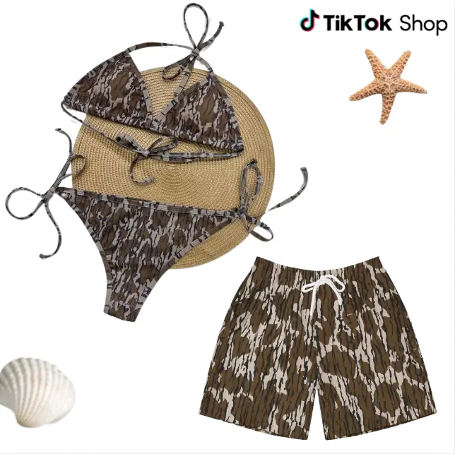 Matching Camo Bottomland Swimsuits for Couples - Swim Bra Tie Side Thong Bikini Men's Beach Shorts, Summer Vacation Swimsuit, Hawaiian Shirt Style, Aloha Beach Outfit, Casual Holiday Bathing Suit