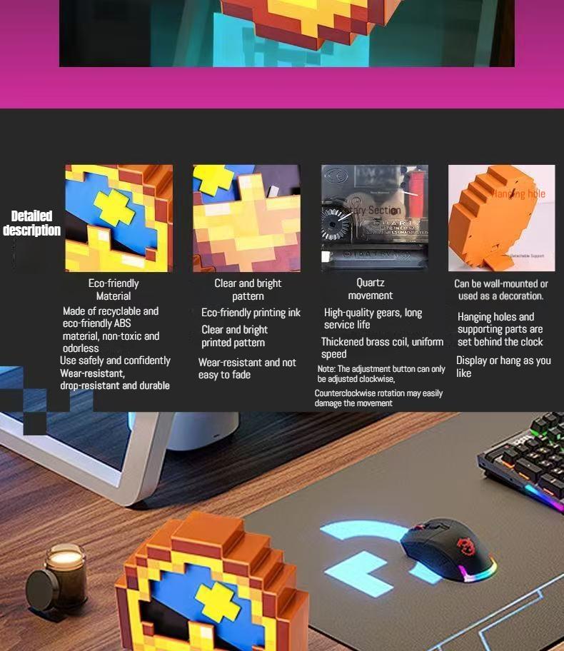 DIYCOM Retro Pixel Wall Clock Auto Switching Day Night Display Hanging Alarm for Bedroom Gamer Room Christmas Gift