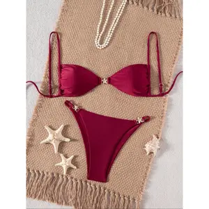 Two-piece Set Women's Starfish Decor Bikini Set, Casual Fashion Chic Swimsuit for Beach Holiday Vacation, Ladies Summer Clothes, Swim Top Set, Split Swimsuit, Bikini Bottoms, Spaghetti Strap Bikini