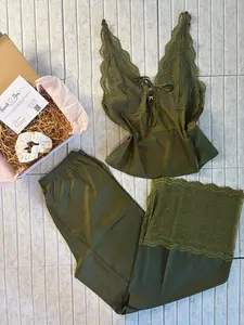 Matcha Green Boho Satin & Lace Top Pants Pajama Lounge wear Set l Personalizable l Gift l Comfy, Cozy, Organic l Sleepover, Bridesmaids, Women, Girls, Special, Party, Sleepwear