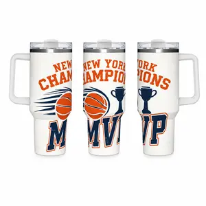 40oz Stylish Portable Insulated Travel Tumbler Bottled Water Bottle - 18/8 Stainless Steel, Vintage Distressed NY Champions Basketball Trophy MVP Full Wrap Print, Leak-Proof Straw Mug, 24H Cold 12H Hot, BPA-Free Handle Bottle for NYC Basketball Fan Men