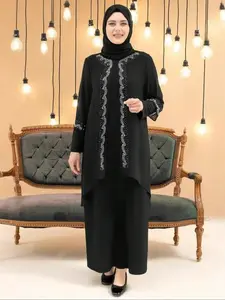 Black 2-Piece Abaya Set with Sparkly Rhinestone Detail | Elegant Modest Outfit for Ramadan Eid