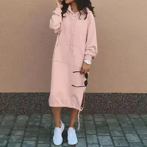 Plus Size Black Hooded Long Thermal Lined Sweatshirt Dress For Autumn/Winter