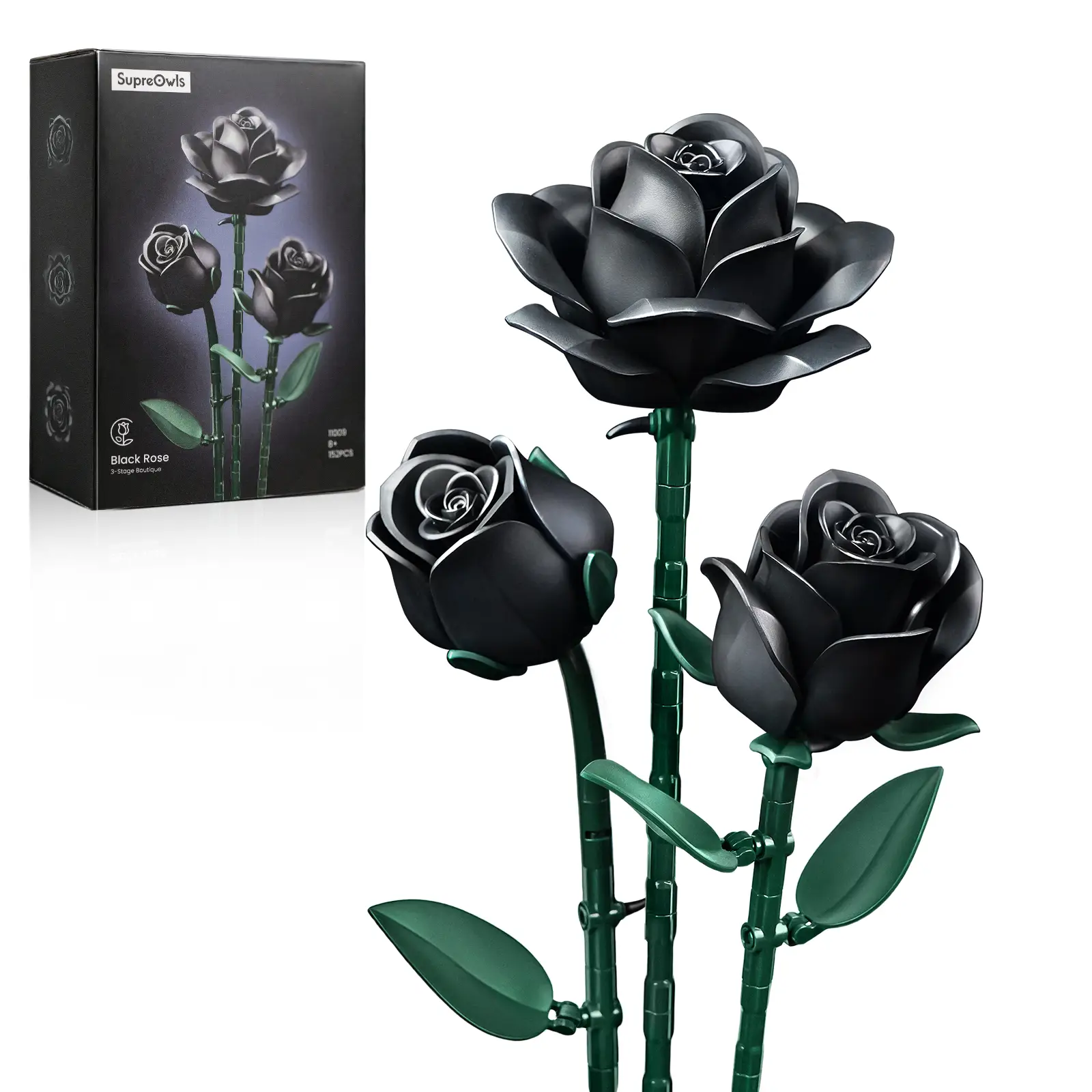 Supreowls Three-branched Black Rose Bouquet Building Set, Botanical Collection Blocks Kit for Adults and Women, Elegant Gothic Artificial Flowers for
