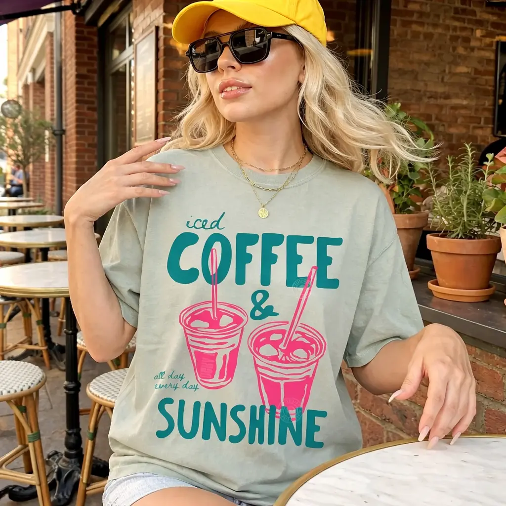 Comfort Colors Women's Short-Sleeve "Iced Coffee & Sunshine" Graphic T-Shirt - Relaxed-Fit Crewneck Basic Tee, 100% Cotton Breathable Fabric, All Seasons, 2-3 Day Priority, Casual Wear