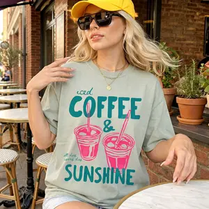 Comfort Colors Women's Breathable Cotton Fabric Crew Neck Iced Coffee & Sunshine Graphic T-Shirt, Relaxed Casual Everyday Wear, Perfect Summer Gift for Coffee Lovers, Top, Comfortable