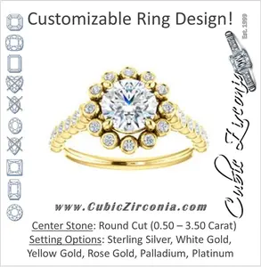 Cubic Zirconia Engagement Ring- The Maritere (Customizable Round Cut style with Round-Bezel Floral Halo and Accented Band)